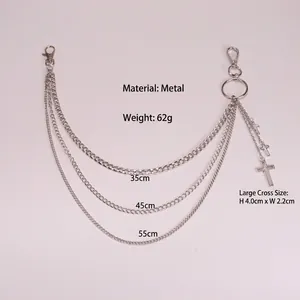 Three-layer silver metal pants chain with crosses and lobster clasps 35cm 45cm 55cm