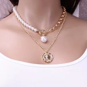 Vintage Artificial Baroque Pearl Coin Pendant Layered Necklace For Women Alloy Gold Silver Plated Multilayer Choker Neck Jewelry Gift