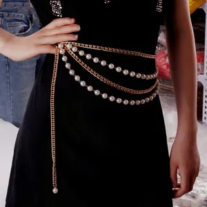 Catena in Vita Sexy Multistrato da Donna Con Perla Sintetica e Nappina Catena del Corpo Cintura in Metallo Oro Argento