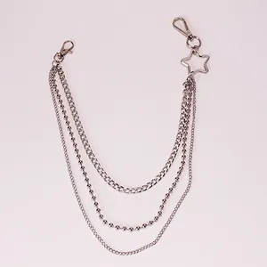 Three-layer silver metal pants chain featuring beaded links and hollow star charm