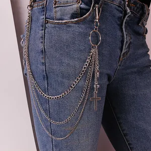 Triple layer silver metal trousers chain with cross pendants for hip-hop and punk style