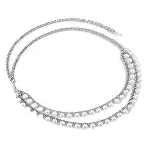 Elegante catena per il corpo in argento multistrato con perle bianche e nappe per donne