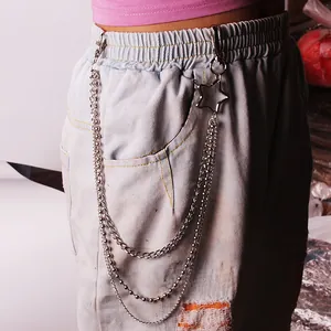 Three-layer silver metal pants chain with star pendant and lobster clasps on jeans