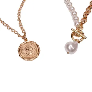 Baroque pearl choker and coin pendant necklace set with vintage gold finish