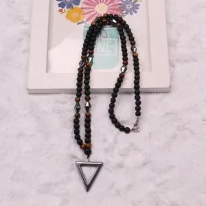 Herren Perlenkette Mit Metall Dreieck Anhänger Heilung Natürliche Tigerauge Hämatit Achat Stein Schmuck Für Männer Punk Stil