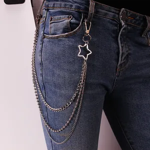 Three-layer silver metal hip hop pant chain with star pendant and lobster clasps