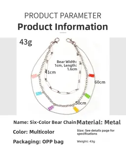 Three-layer metal waist chain featuring six colorful jelly bears with dimensions and weight