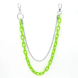 Double-layer hip-hop trousers chain with neon green resin links and silver ball chain