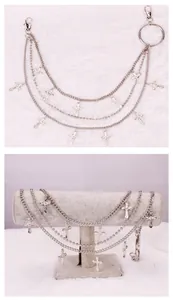 Three-layer silver metal pants chain featuring small cross pendants and lobster clasps