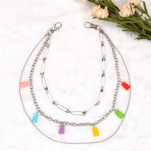 Three-layer silver chain with colorful gummy bears for pants, waist, or bag charm
