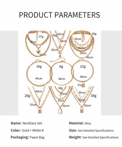 Specifiche dettagliate di set di collane geometriche con cuore con misure e pesi