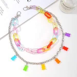 Hip hop style candy resin bear waist chain with colorful plastic links and silver metal clips