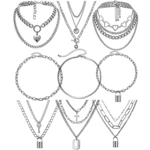 Collana con Pendente a Strati in Lega per Donna Oro Argento Cuore Serratura Croce Moneta Geometrica Moda Gioielli Hip Hop Regalo