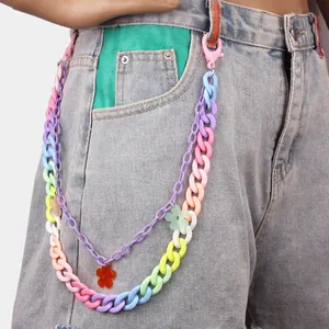 Colorful multi-layer punk hip hop macaron plastic trouser chain with flower pendant
