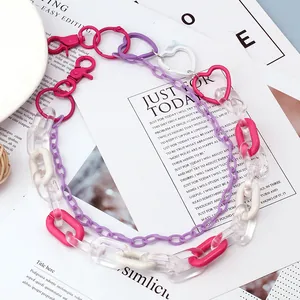 Detail of colorful resin heart links and metal lobster clasp on a multi-layer punk chain