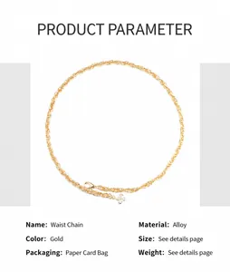 Detail van een 105cm gouden tailleketting met karabijnsluiting en bloemvormige hanger
