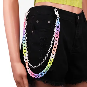 Dubbele acryl broekketting met regenboogschakels en een dunne witte ketting voor jeans