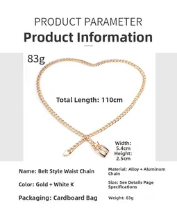 Détail de la ceinture chaîne de taille en métal doré réglable au design poli en forme de cœur