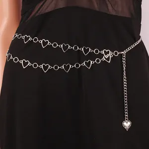 Chaîne de Taille Double Couche Cœur Creux pour Femmes Ceinture en Alliage Métallique pour Robes Or Argent Bijoux de Mode Réglables Chaîne de Corps