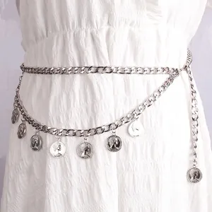 Chaîne de corps argentée double couche avec pendentifs pièces de monnaie vintage femme