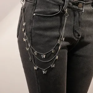 Three-layer silver punk hip-hop trousers chain with butterfly pendants on denim jeans