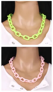 Détail de grosses chaînes à maillons en acrylique vert fluo et rose clair sur mannequin