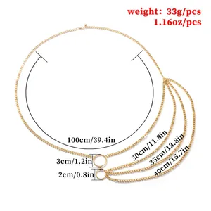 Detailed size chart of layered gold body chain with lengths 100cm and 30-40cm drops