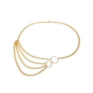 Exaggerated multi-layer gold metal body chain with layered fringe for women
