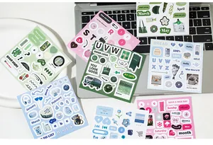 Detail of deco sticker set featuring lifestyle illustrations and English letters on a laptop