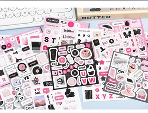 Detail view of Korean deco sticker sheets with cute teddy bear and dessert motifs