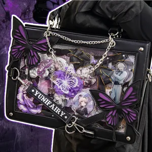 Schwarze Ita Bag aus Leder mit Schmetterlingsdekor und lila Blumenelementen