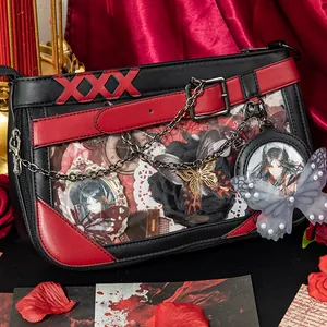 Gothic Ita Bag in Schwarz und Rot mit Schmetterlingsdeko und transparentem Fenster