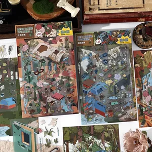2.5D miniature scenery stickers set featuring retro desert and forest themes for journaling