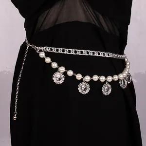 Vintage Munt Hanger Tailleketting Voor Vrouwen Imitatie Kunstparel Meerlaagse Lichaamsketting Metalen Schakelriem Sexy Sieraden Goud Zilver