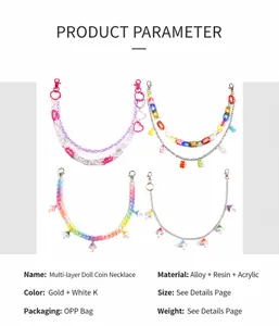 Detail view of colorful acrylic bear and mushroom charms with chain lengths and weight specs