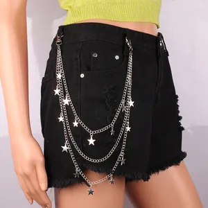 Punk style multi-layer silver metal waist chain featuring hanging star pendants