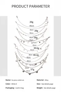 Detaillierte Größentabelle für das 6-teilige silberne Hosenketten-Set aus Metalllegierung