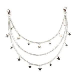 Three-layer silver metal punk waist chain with multiple star pendants and lobster clasps