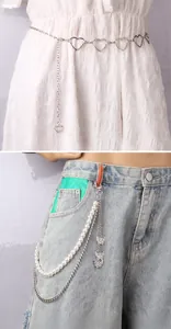 Detail of silver heart-shaped waist chain and butterfly pearl pant chain accessory