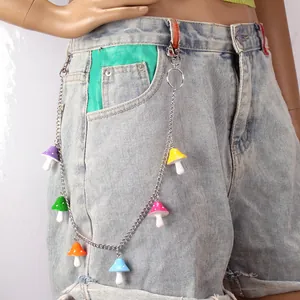 Colorful mushroom pendants on silver metal waist chain accessory for denim shorts