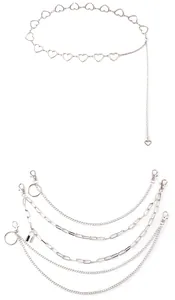Detail of silver layered waist chains featuring hollow hearts and metal paperclip links