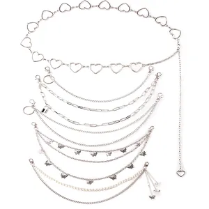 Punk Layered Trouser Chain For Women Men Hip Hop Butterfly Heart Pearl Pendant Silver Alloy Waist Chain Streetwear Jewelry