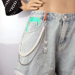 Multi-layer street style trousers chain with white pearls and silver butterfly pendants