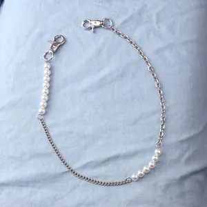 Retro U-shaped body chain featuring silver metal links and white imitation pearls