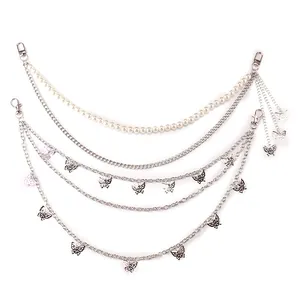 Five-layer punk waist chain with white pearls, silver butterfly charms, and lobster clasps