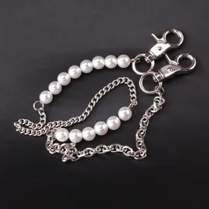 U-shaped retro body chain with faux pearls and silver metal links featuring lobster clasps