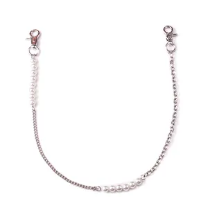Vintage silver U-shaped body chain with faux pearl accents and metal lobster clasps