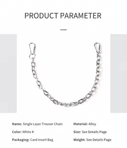 Detailed spec sheet showing a 58cm punk style silver alloy trousers chain with dimensions
