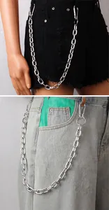 Detail view of silver punk metal pants chain with polished links and heavy metal hooks