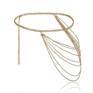 Elegante cintura a catena in metallo dorato multistrato da donna con frange e chiusura
